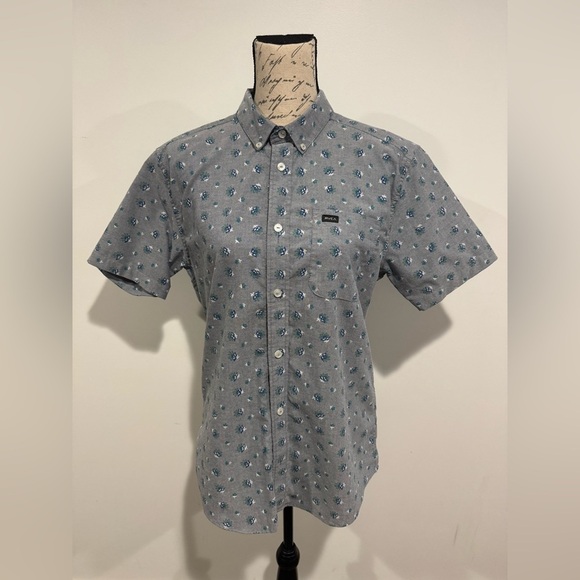 RVCA “That'll Do Floral” Stretch Short Sleeve Shirt Size Small Slim Fit Blue - Picture 3 of 11